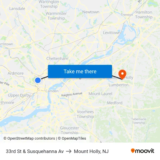 33rd St & Susquehanna Av to Mount Holly, NJ map