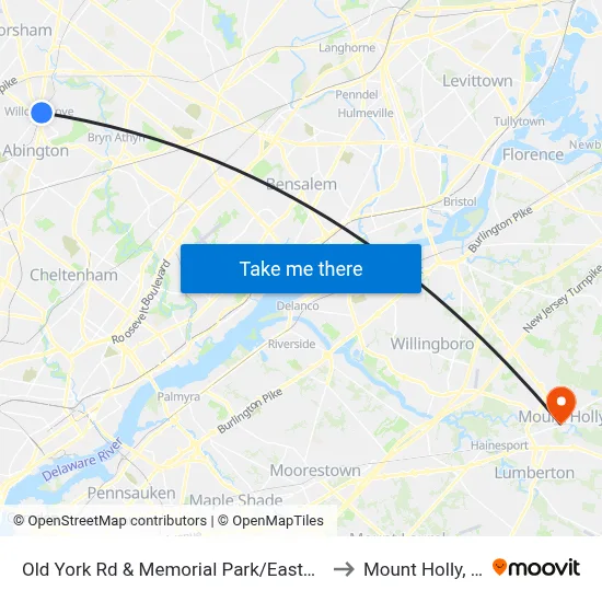 Old York Rd & Memorial Park/Easton Rd to Mount Holly, NJ map