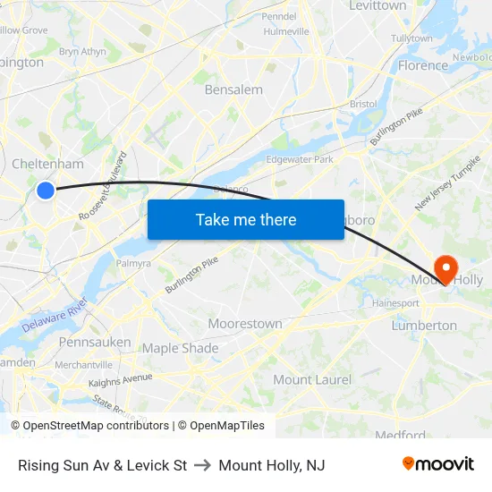 Rising Sun Av & Levick St to Mount Holly, NJ map