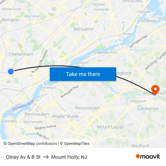 Olney Av & B St to Mount Holly, NJ map