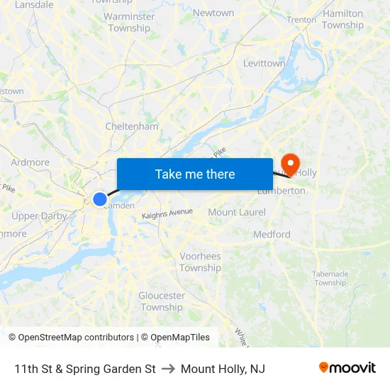 11th St & Spring Garden St to Mount Holly, NJ map