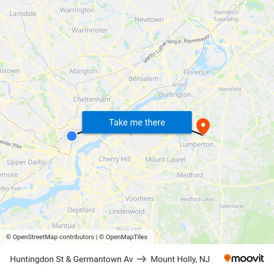 Huntingdon St & Germantown Av to Mount Holly, NJ map