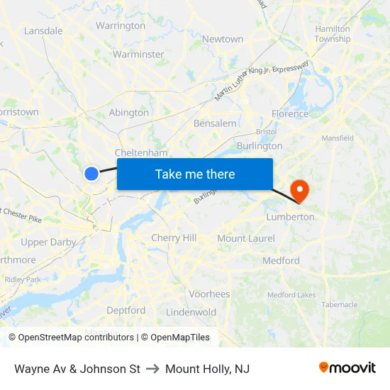 Wayne Av & Johnson St to Mount Holly, NJ map
