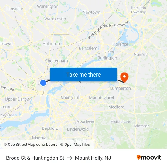 Broad St & Huntingdon St to Mount Holly, NJ map