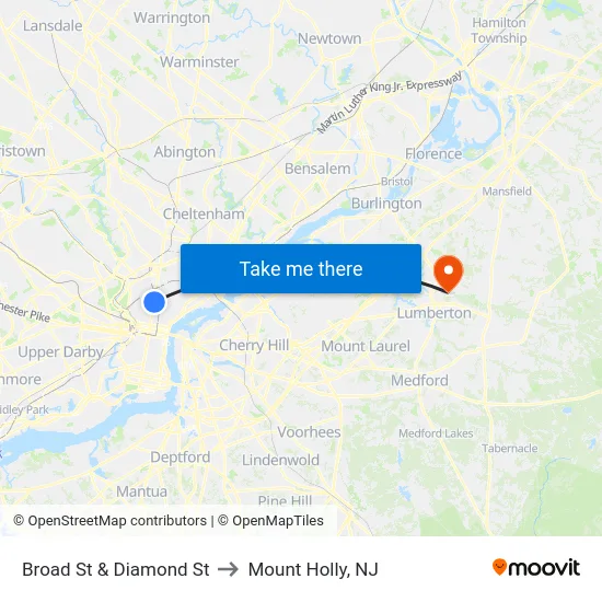 Broad St & Diamond St to Mount Holly, NJ map