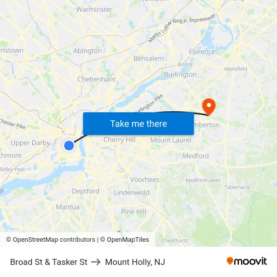 Broad St & Tasker St to Mount Holly, NJ map