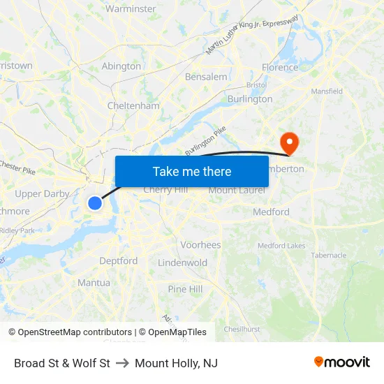 Broad St & Wolf St to Mount Holly, NJ map