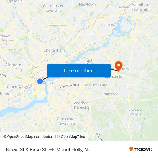 Broad St & Race St to Mount Holly, NJ map