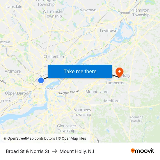 Broad St & Norris St to Mount Holly, NJ map