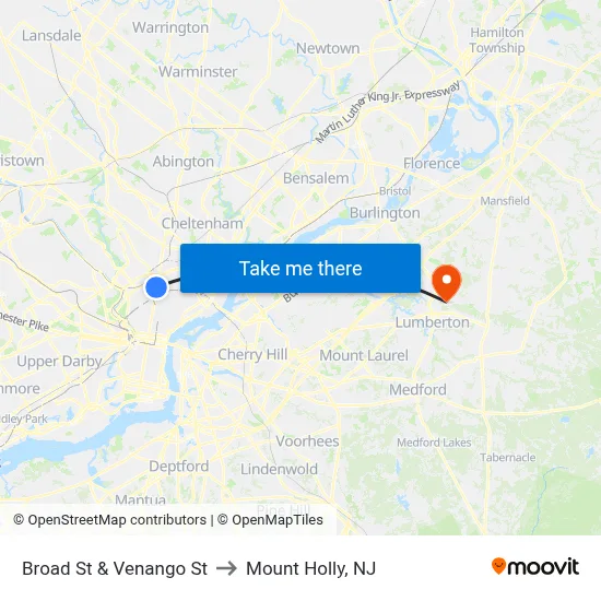 Broad St & Venango St to Mount Holly, NJ map
