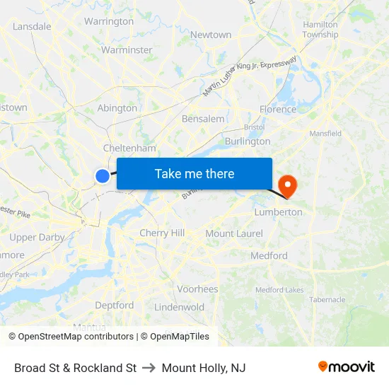 Broad St & Rockland St to Mount Holly, NJ map