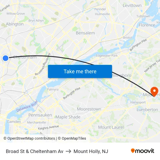 Broad St & Cheltenham Av to Mount Holly, NJ map