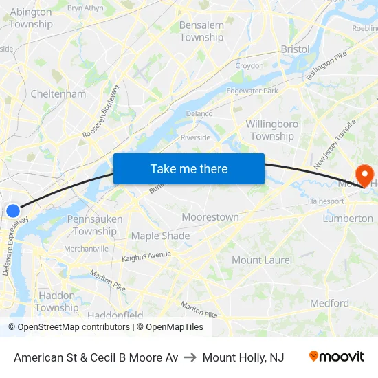 American St & Cecil B Moore Av to Mount Holly, NJ map