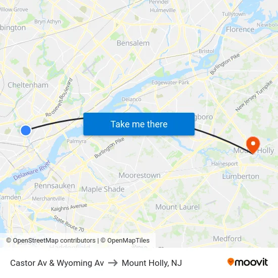Castor Av & Wyoming Av to Mount Holly, NJ map
