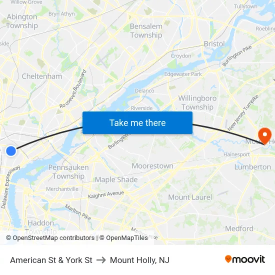 American St & York St to Mount Holly, NJ map