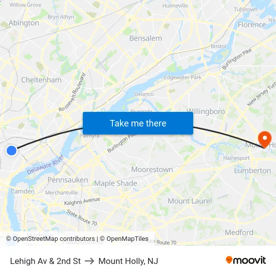Lehigh Av & 2nd St to Mount Holly, NJ map