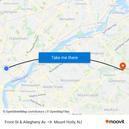 Front St & Allegheny Av to Mount Holly, NJ map