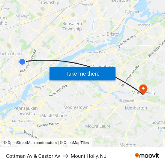 Cottman Av & Castor Av to Mount Holly, NJ map