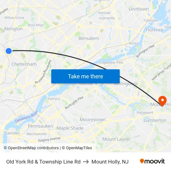 Old York Rd & Township Line Rd to Mount Holly, NJ map