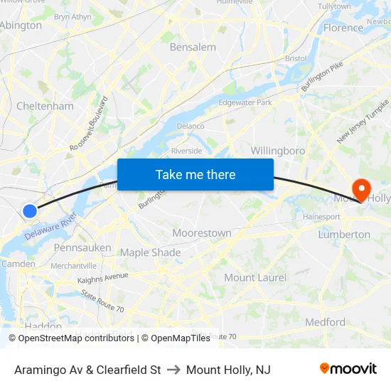 Aramingo Av & Clearfield St to Mount Holly, NJ map
