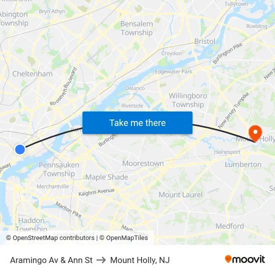 Aramingo Av & Ann St to Mount Holly, NJ map