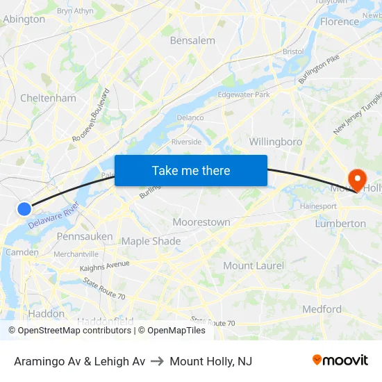 Aramingo Av & Lehigh Av to Mount Holly, NJ map