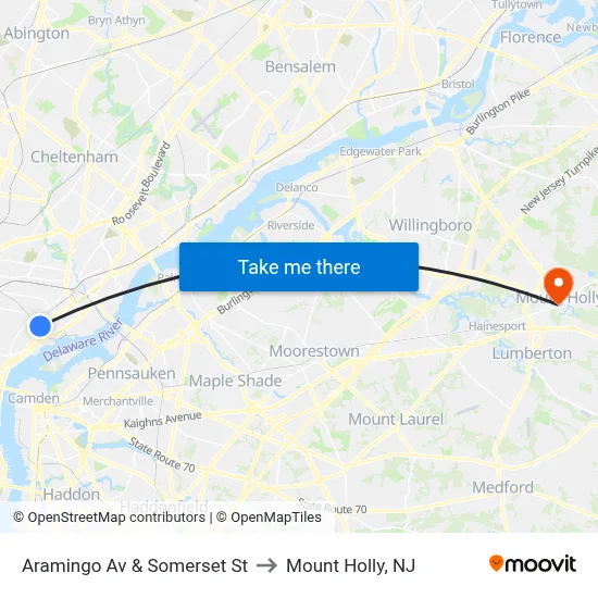 Aramingo Av & Somerset St to Mount Holly, NJ map