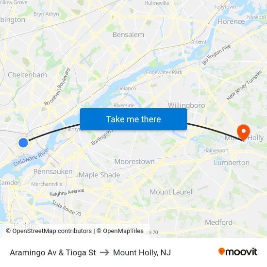 Aramingo Av & Tioga St to Mount Holly, NJ map