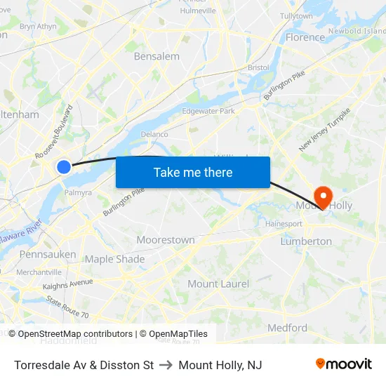 Torresdale Av & Disston St to Mount Holly, NJ map