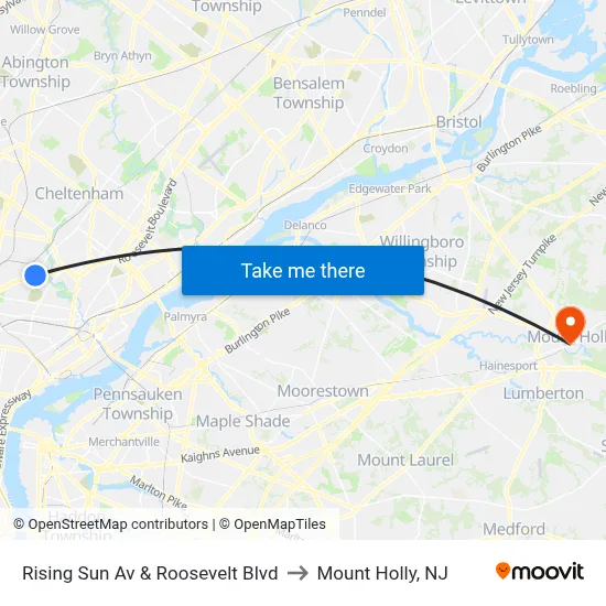 Rising Sun Av & Roosevelt Blvd to Mount Holly, NJ map