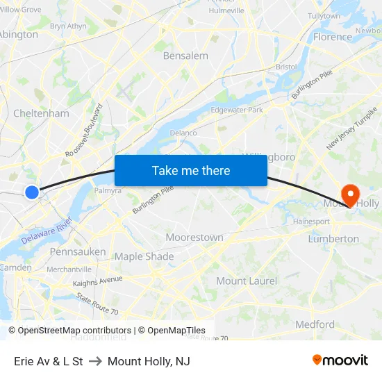 Erie Av & L St to Mount Holly, NJ map