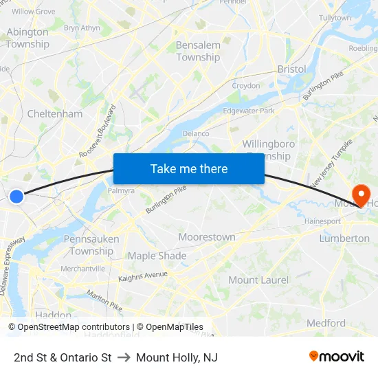 2nd St & Ontario St to Mount Holly, NJ map