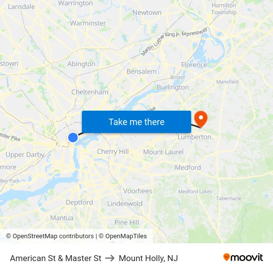 American St & Master St to Mount Holly, NJ map