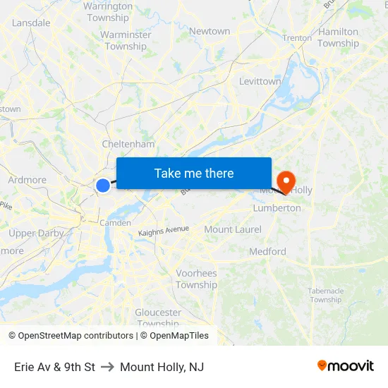 Erie Av & 9th St to Mount Holly, NJ map