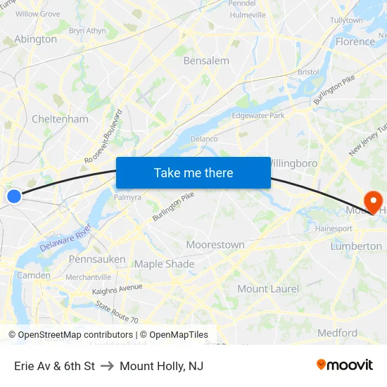 Erie Av & 6th St to Mount Holly, NJ map