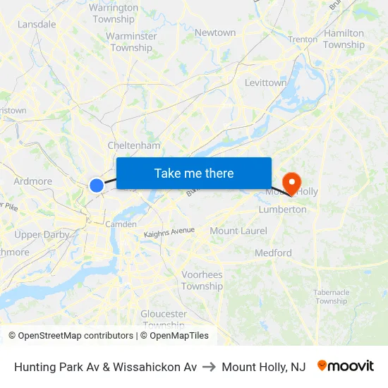 Hunting Park Av & Wissahickon Av to Mount Holly, NJ map