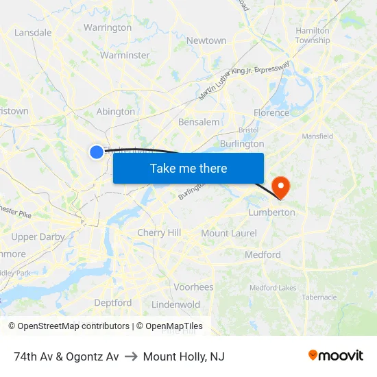 74th Av & Ogontz Av to Mount Holly, NJ map