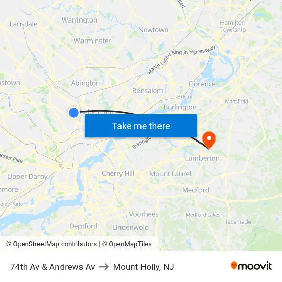 74th Av & Andrews Av to Mount Holly, NJ map
