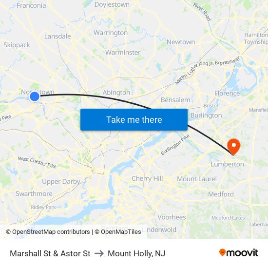 Marshall St & Astor St to Mount Holly, NJ map