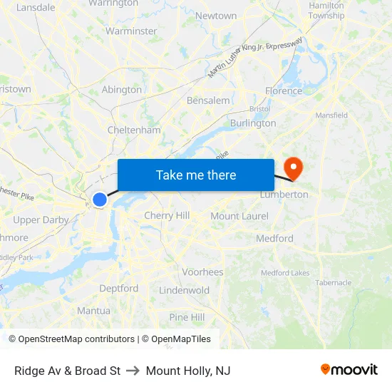Ridge Av & Broad St to Mount Holly, NJ map