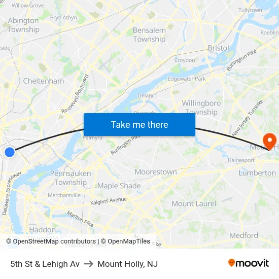 5th St & Lehigh Av to Mount Holly, NJ map