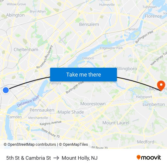 5th St & Cambria St to Mount Holly, NJ map