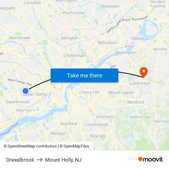 Drexelbrook to Mount Holly, NJ map