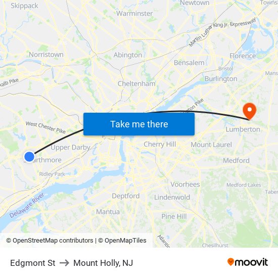 Edgmont St to Mount Holly, NJ map