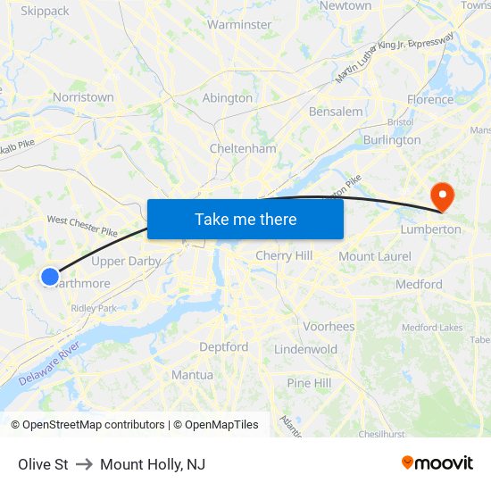 Olive St to Mount Holly, NJ map