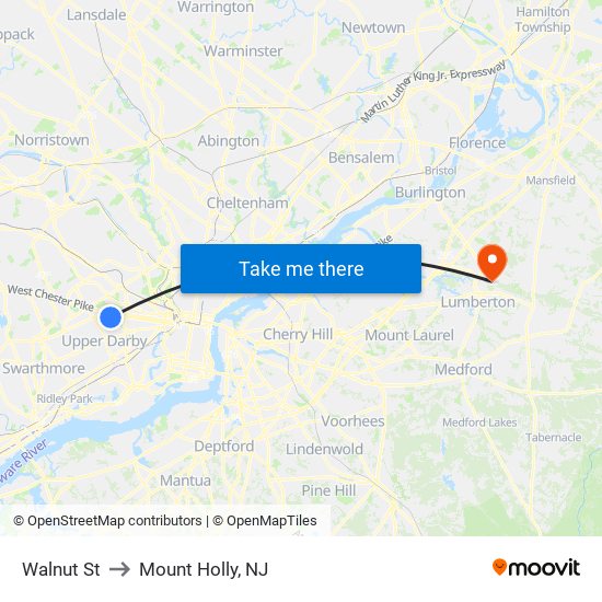 Walnut St to Mount Holly, NJ map