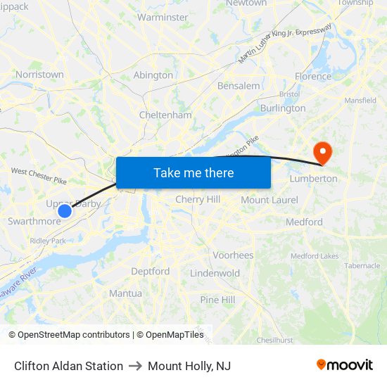 Clifton Aldan Station to Mount Holly, NJ map