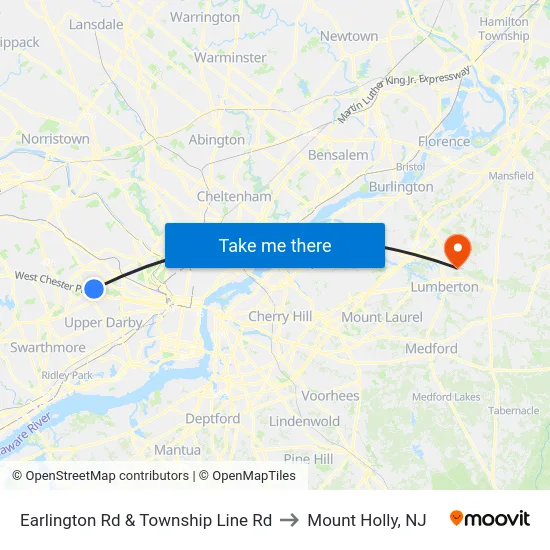 Earlington Rd & Township Line Rd to Mount Holly, NJ map