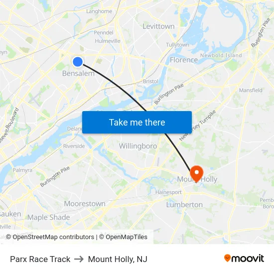 Parx Race Track to Mount Holly, NJ map