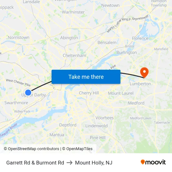 Garrett Rd & Burmont Rd to Mount Holly, NJ map